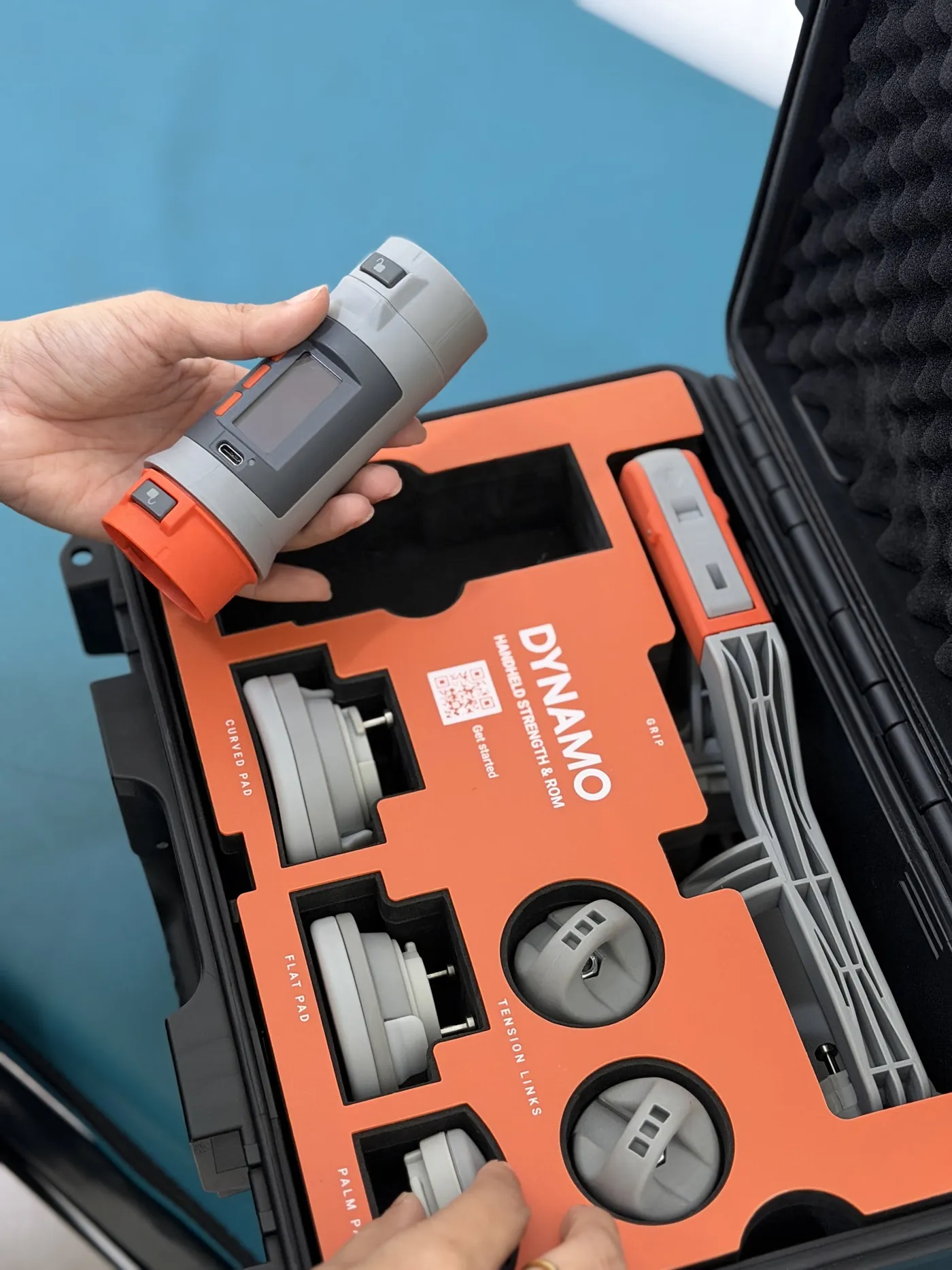VALD Dynamo handheld dynamometer in its case at All Things Physio